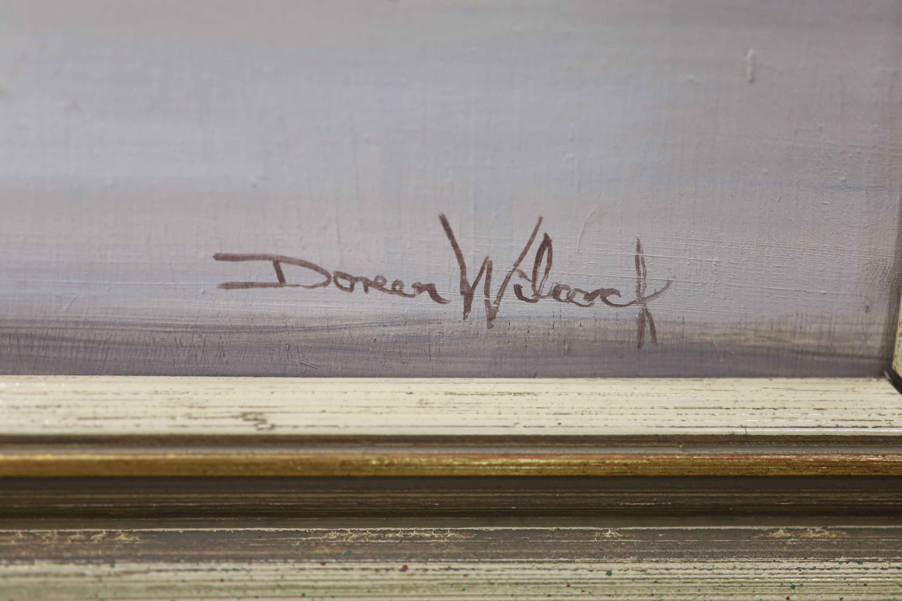 Doreen G. Wilcock SBA, oil on board, 'Study in White', signed with Exhibition label, 59 x 59cm